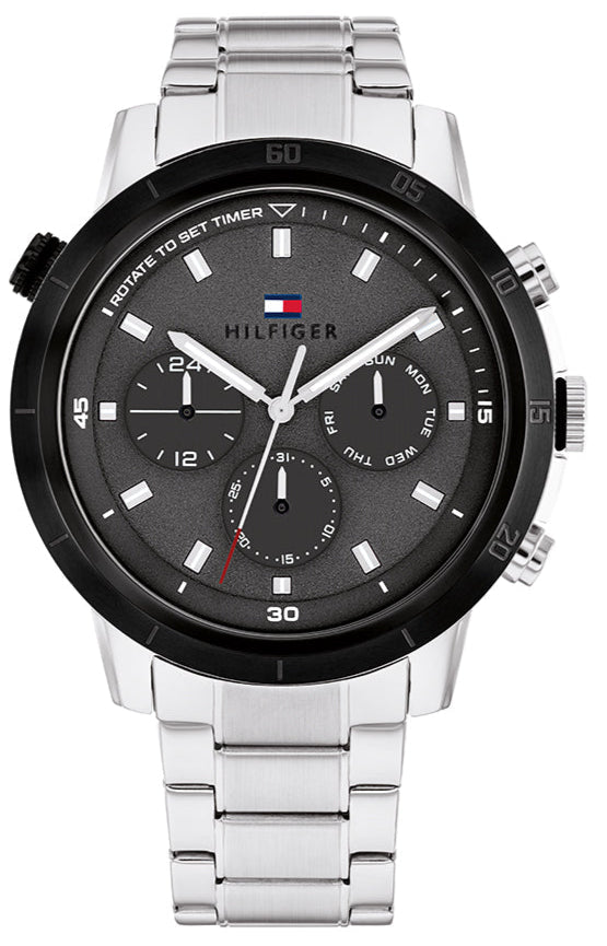 Tommy Hilfiger quartz chronograph watch with black dial and grey stainless steel strap