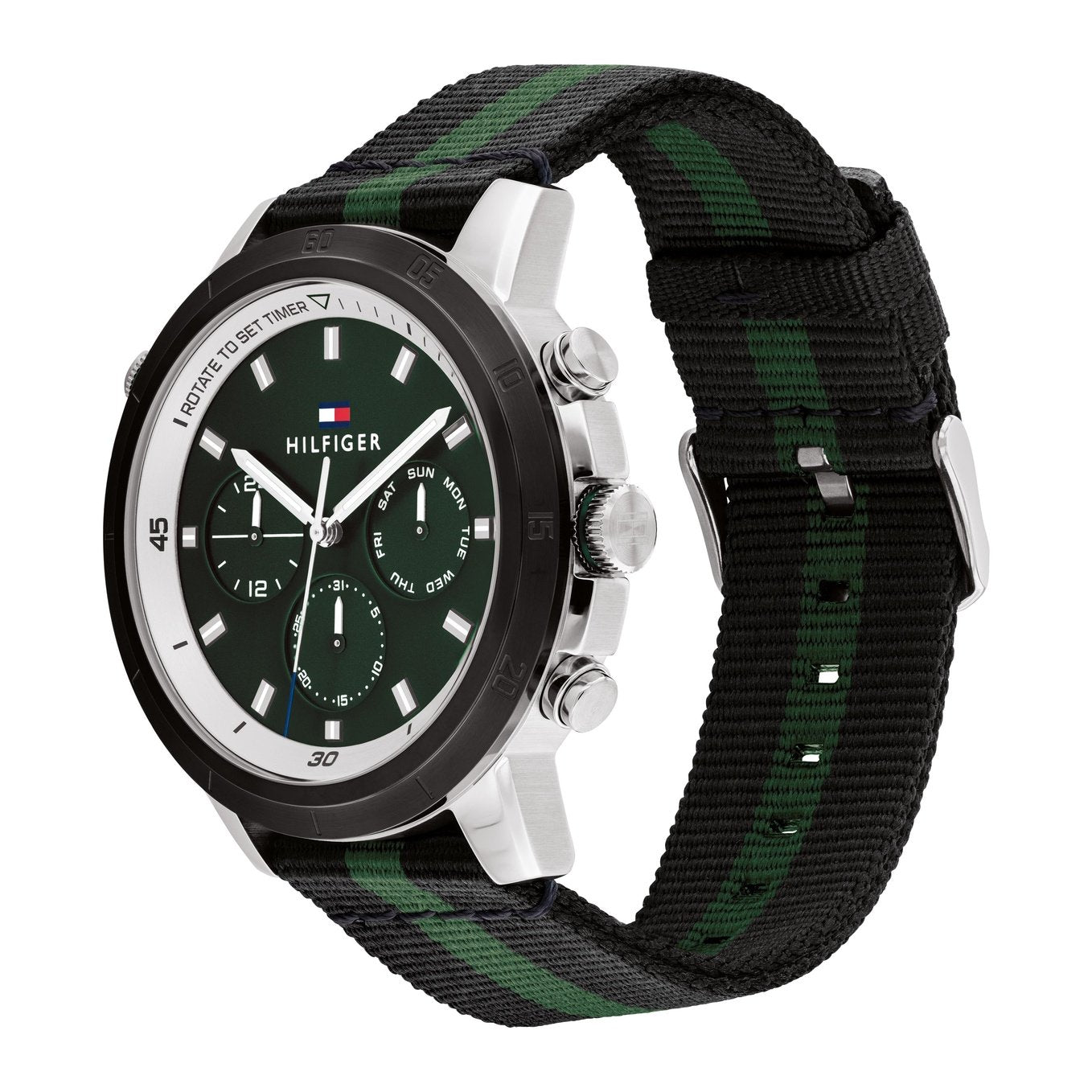 Tommy Hilfiger Troy men's watch side angle showing profile with black-green recycled strap