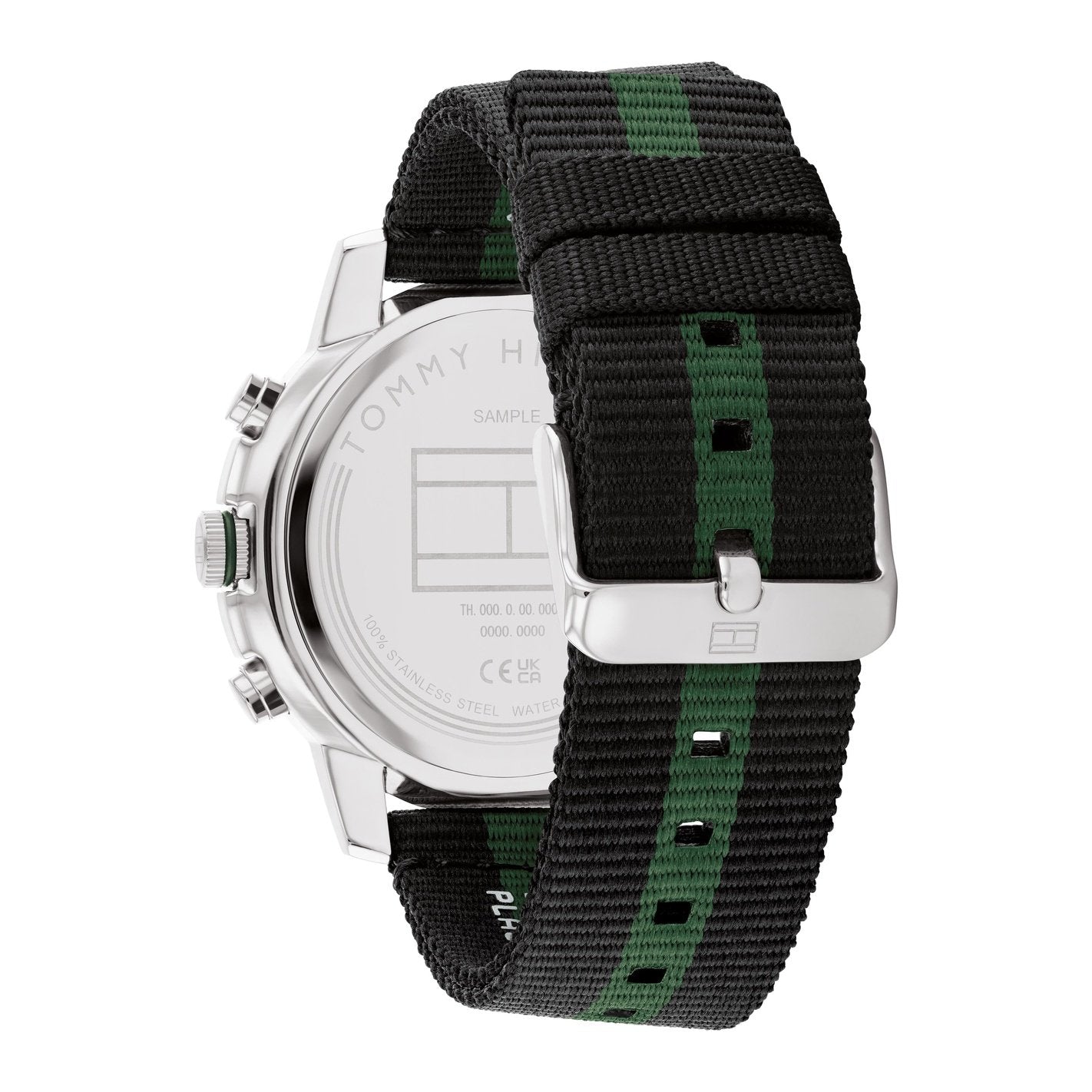Tommy Hilfiger Troy watch side view displaying chronograph pushers and black-green strap