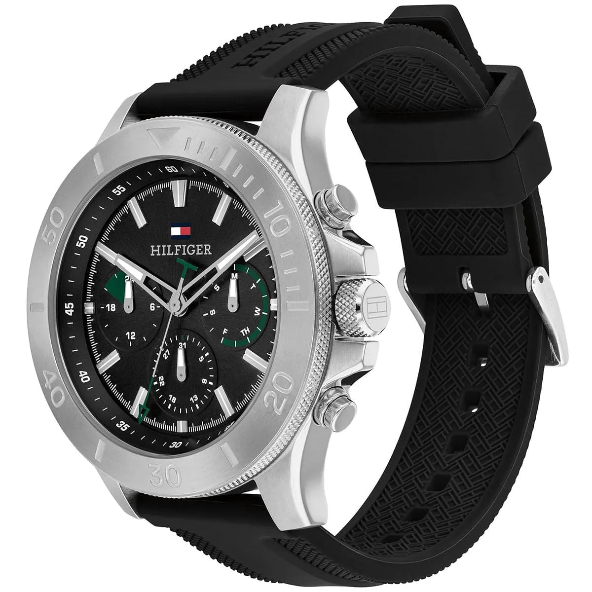 Side angle view of Tommy Hilfiger chronograph watch with black silicone strap detail
