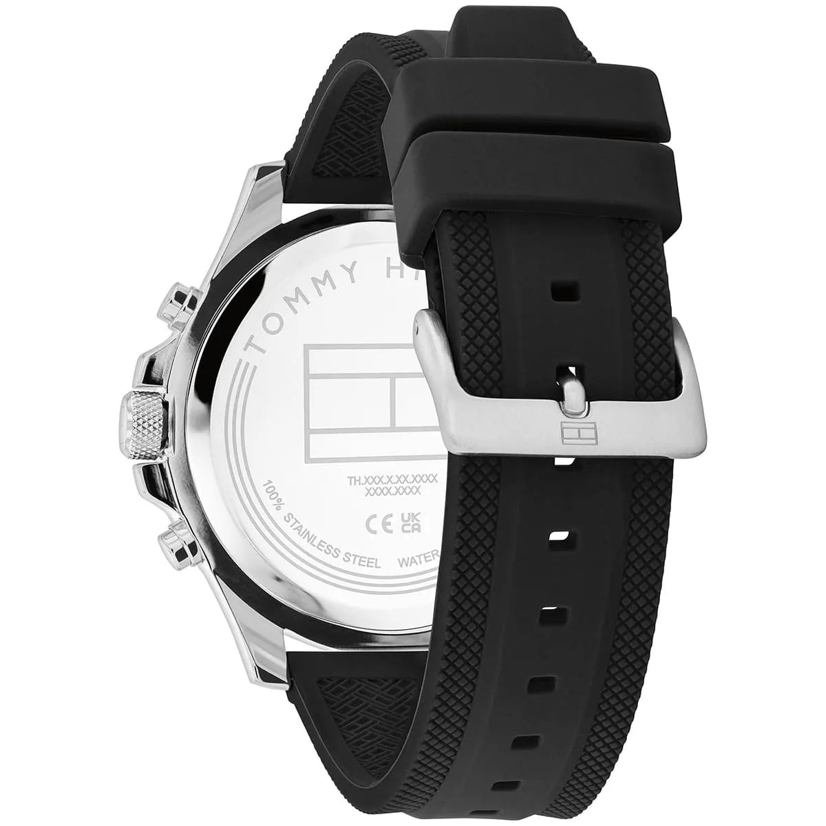 Tommy Hilfiger watch caseback showing stainless steel construction and water resistance details