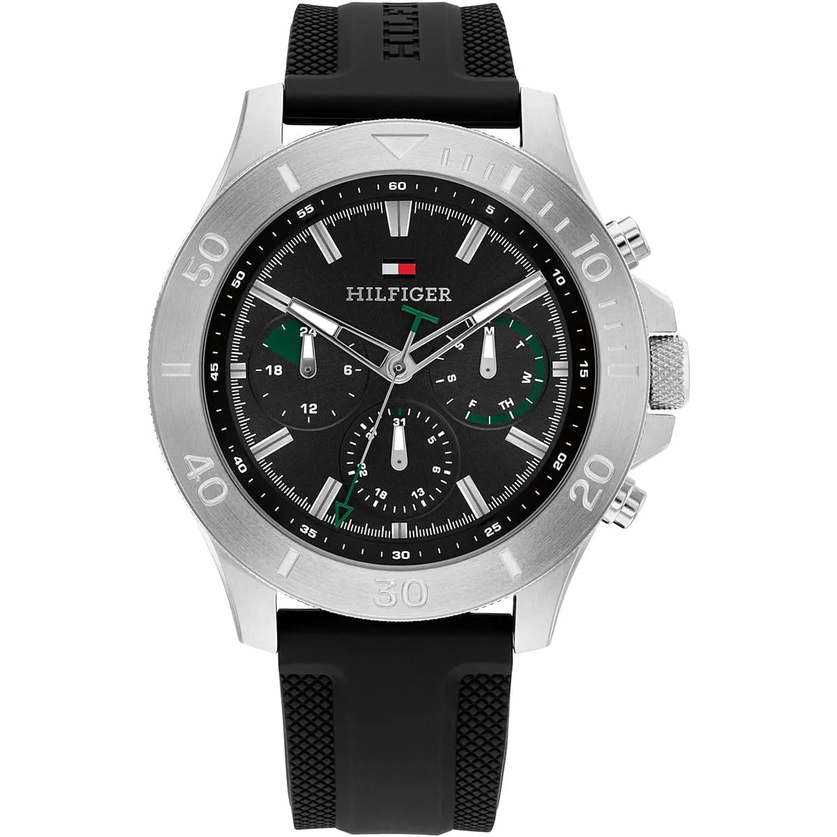 Tommy Hilfiger black dial chronograph watch with silver case and black silicone strap