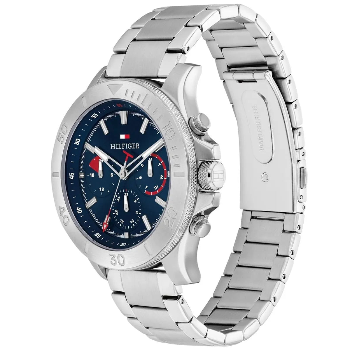 Tommy Hilfiger Bryan watch showing side angle with stainless steel metal bracelet