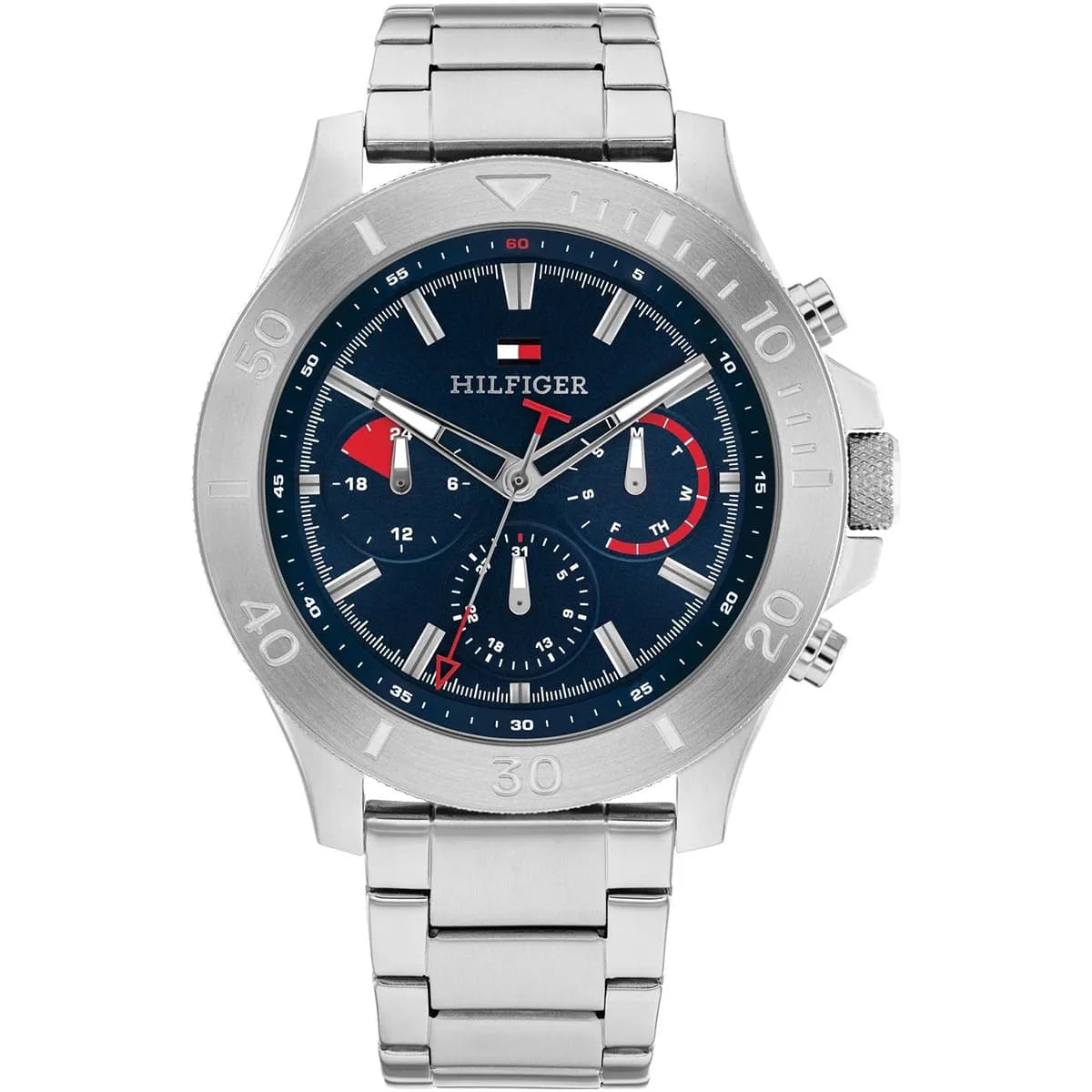 Tommy Hilfiger Bryan chronograph watch with navy dial, stainless steel case and bracelet