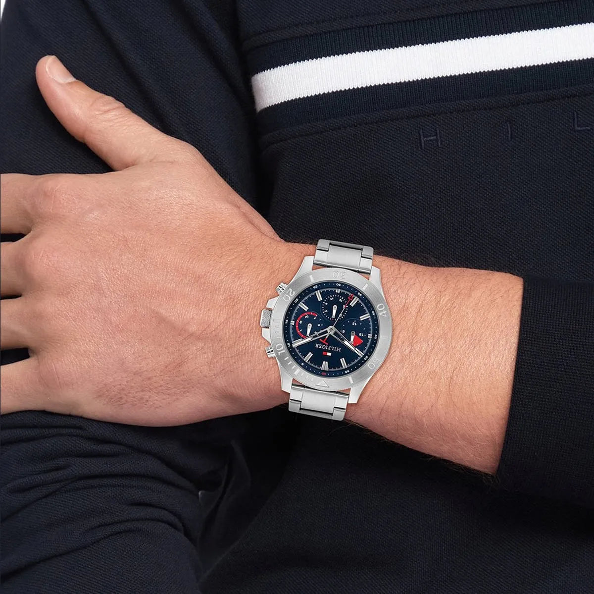Tommy Hilfiger Bryan chronograph watch worn on wrist with navy dial visible