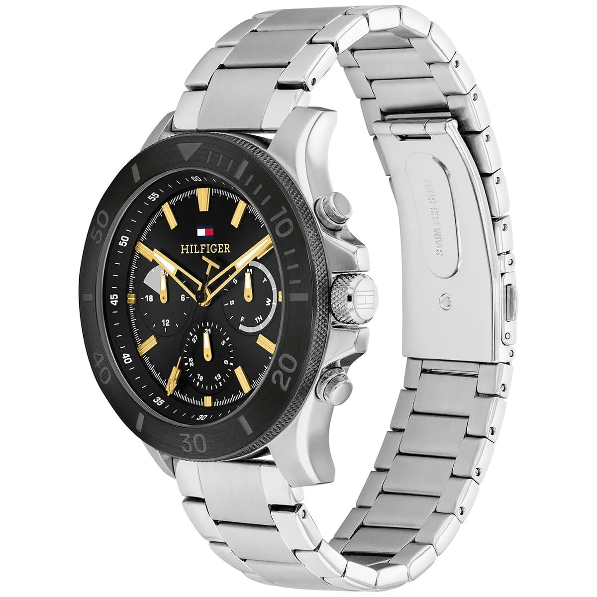 Three-quarter view of Tommy Hilfiger chronograph watch with stainless steel bracelet and black bezel