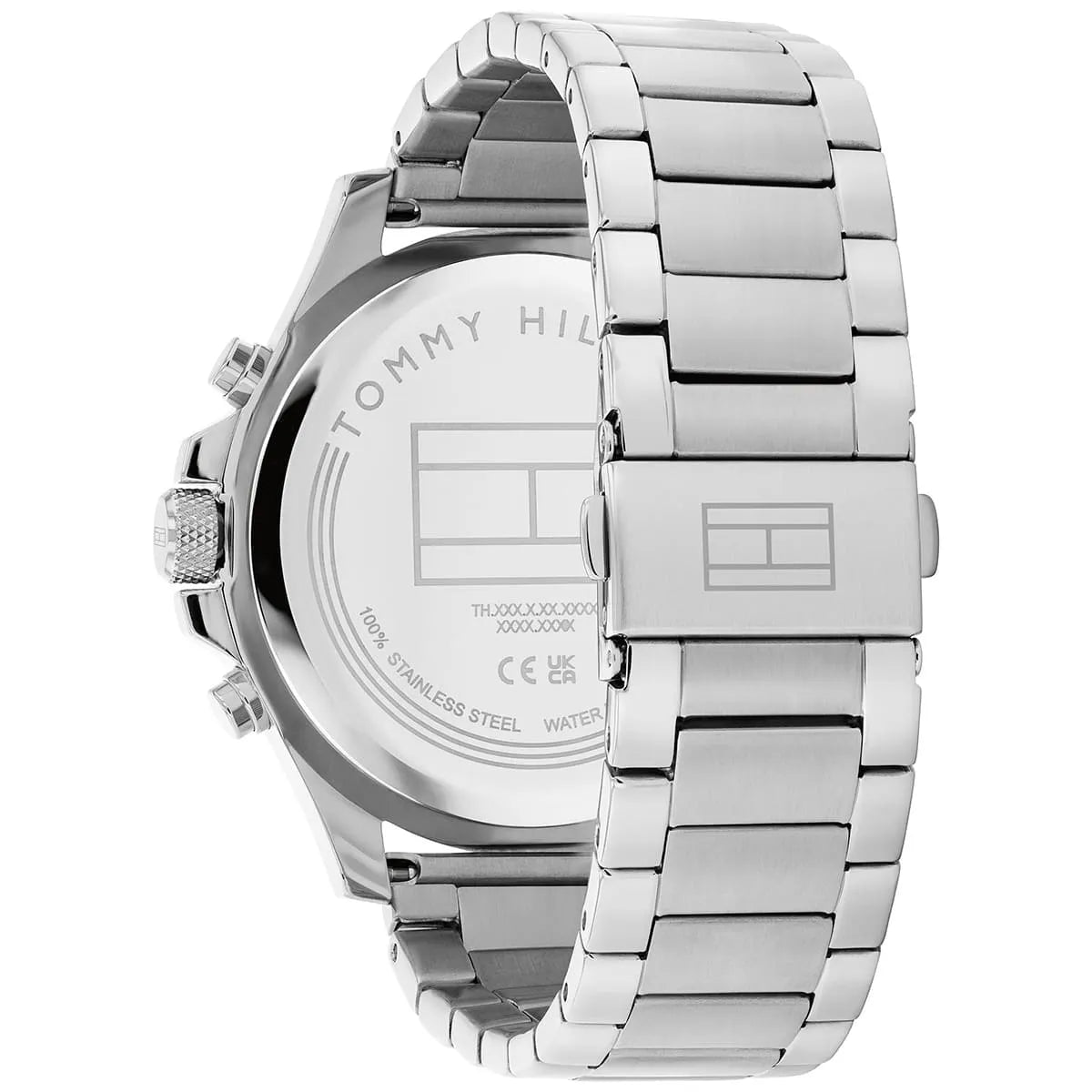 Stainless steel caseback showing Tommy Hilfiger branding and specifications on watch
