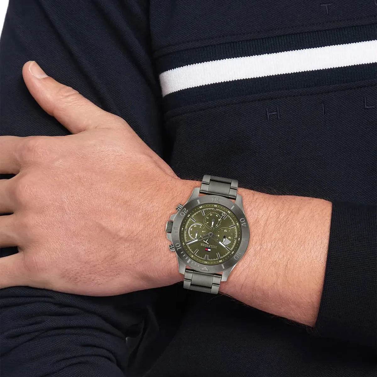 Tommy Hilfiger Quartz Multifunction Green Dial Grey Stainless Steel Strap Watch for Men - 1792115
