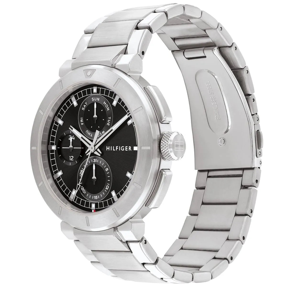 Tommy Hilfiger Lorenzo watch side angle view showcasing silver metal bracelet