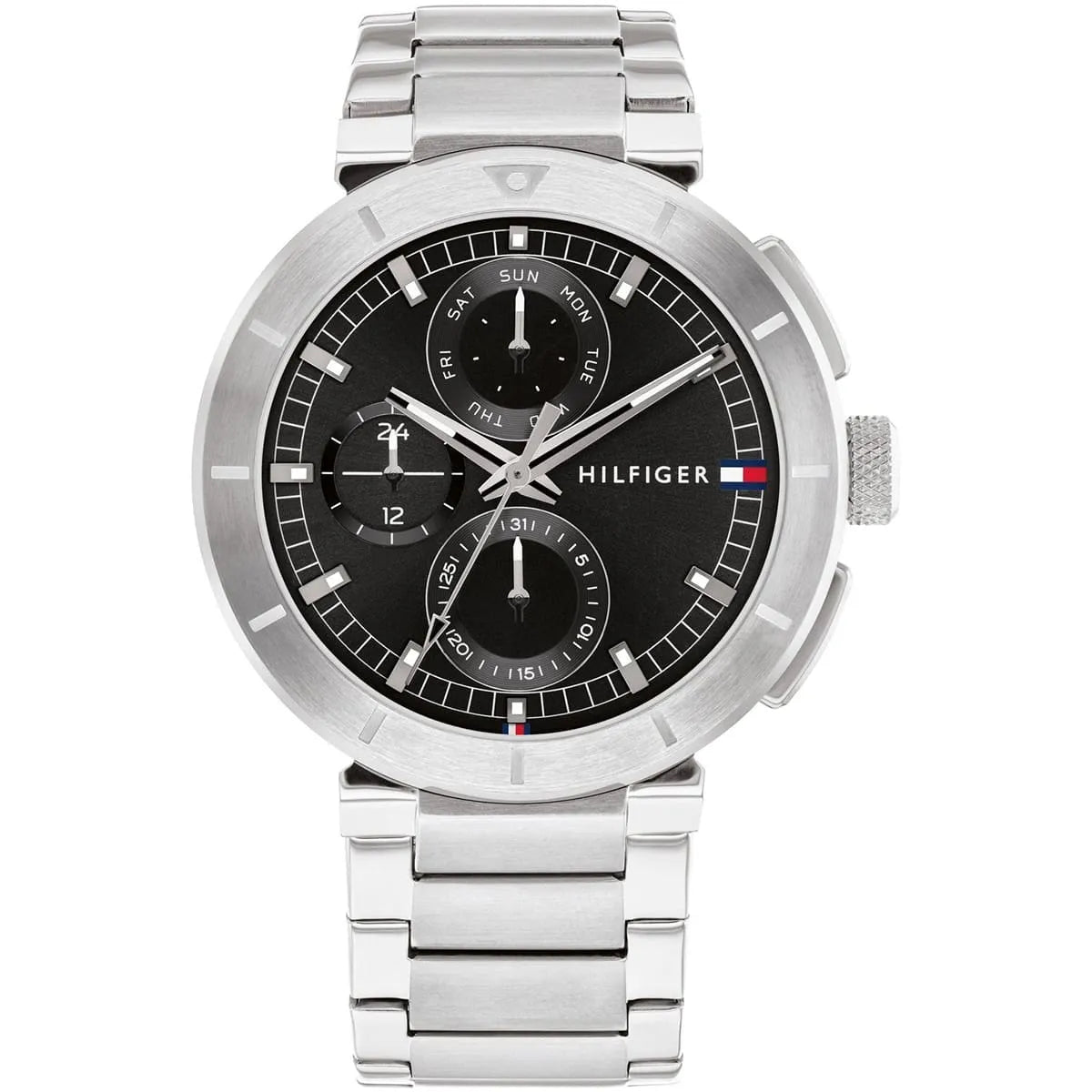 Tommy Hilfiger Lorenzo black dial chronograph watch with silver stainless steel bracelet