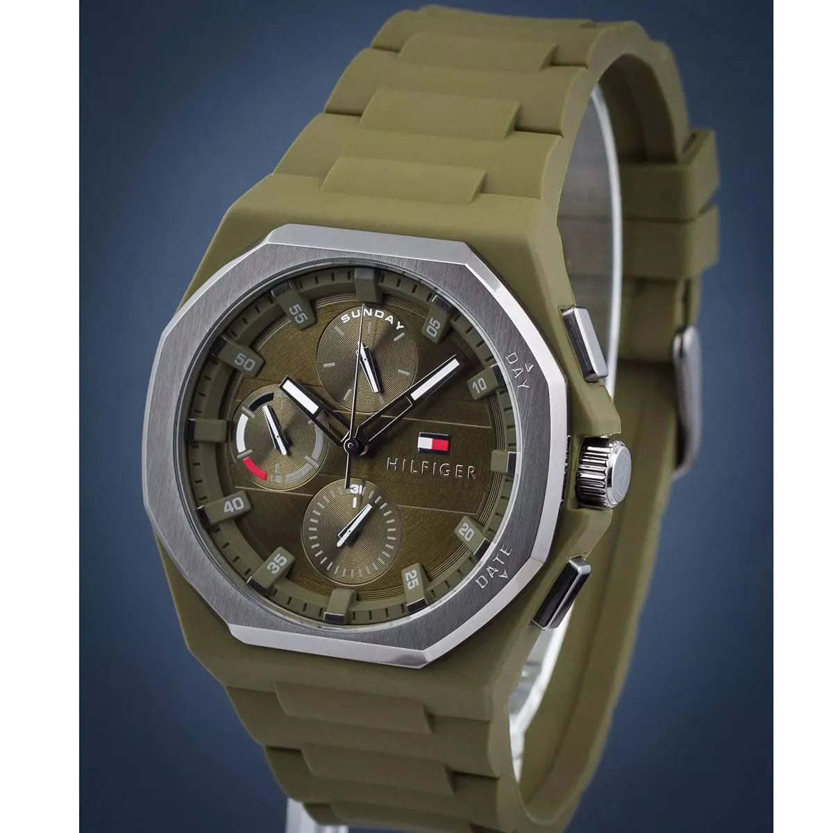 Tommy Hilfiger green dial watch with chronograph subdials and Tommy Hilfiger flag logo