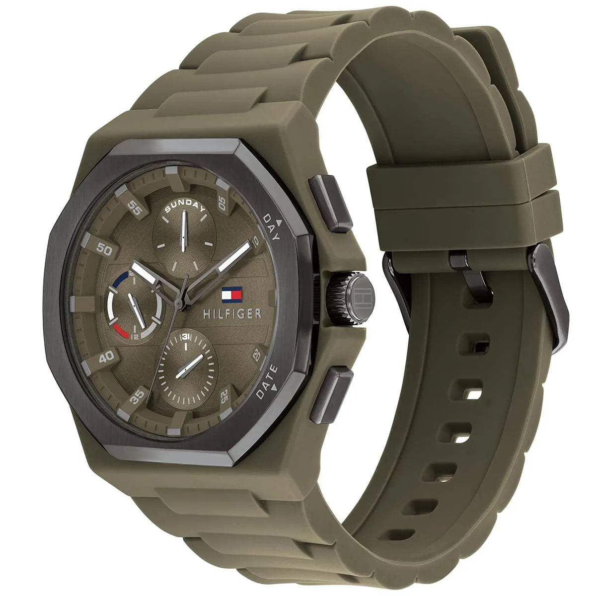 Tommy Hilfiger watch at angle showing olive silicone strap and octagonal case