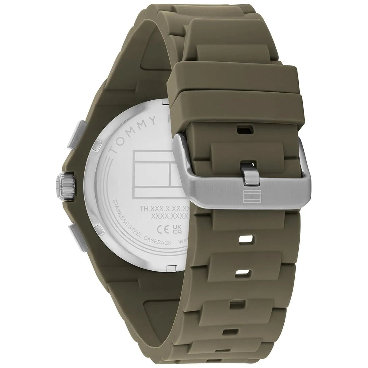 Tommy Hilfiger watch caseback showing transparent case back and movement details