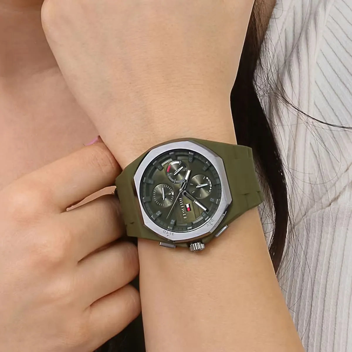 Tommy Hilfiger multi-function watch on wrist showing chronograph and case design