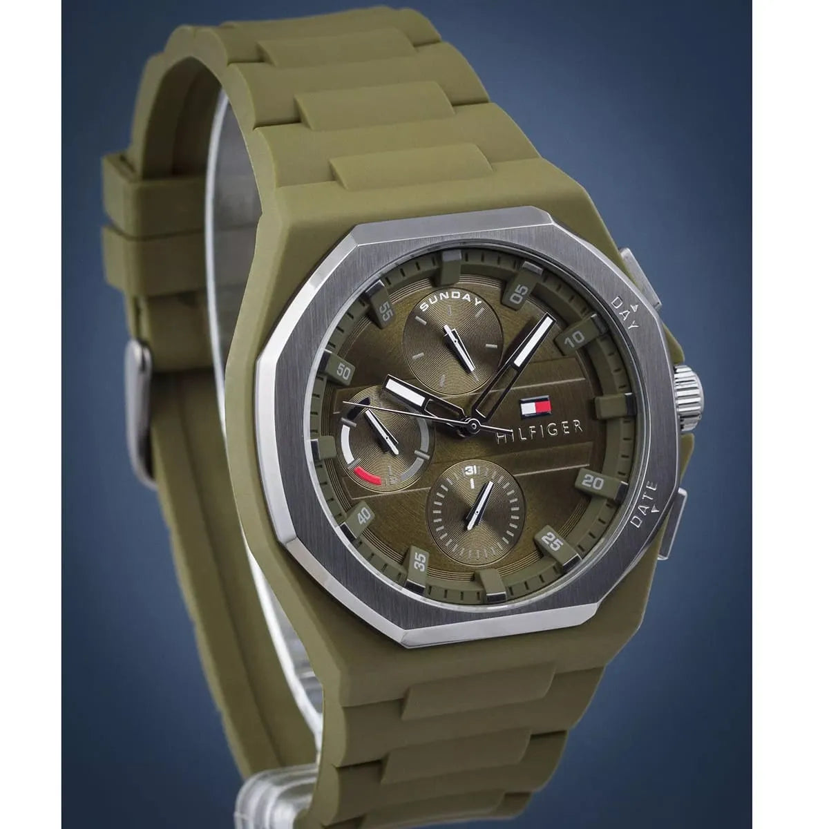 Tommy Hilfiger men's watch with multi-function dial and silicone strap at side angle
