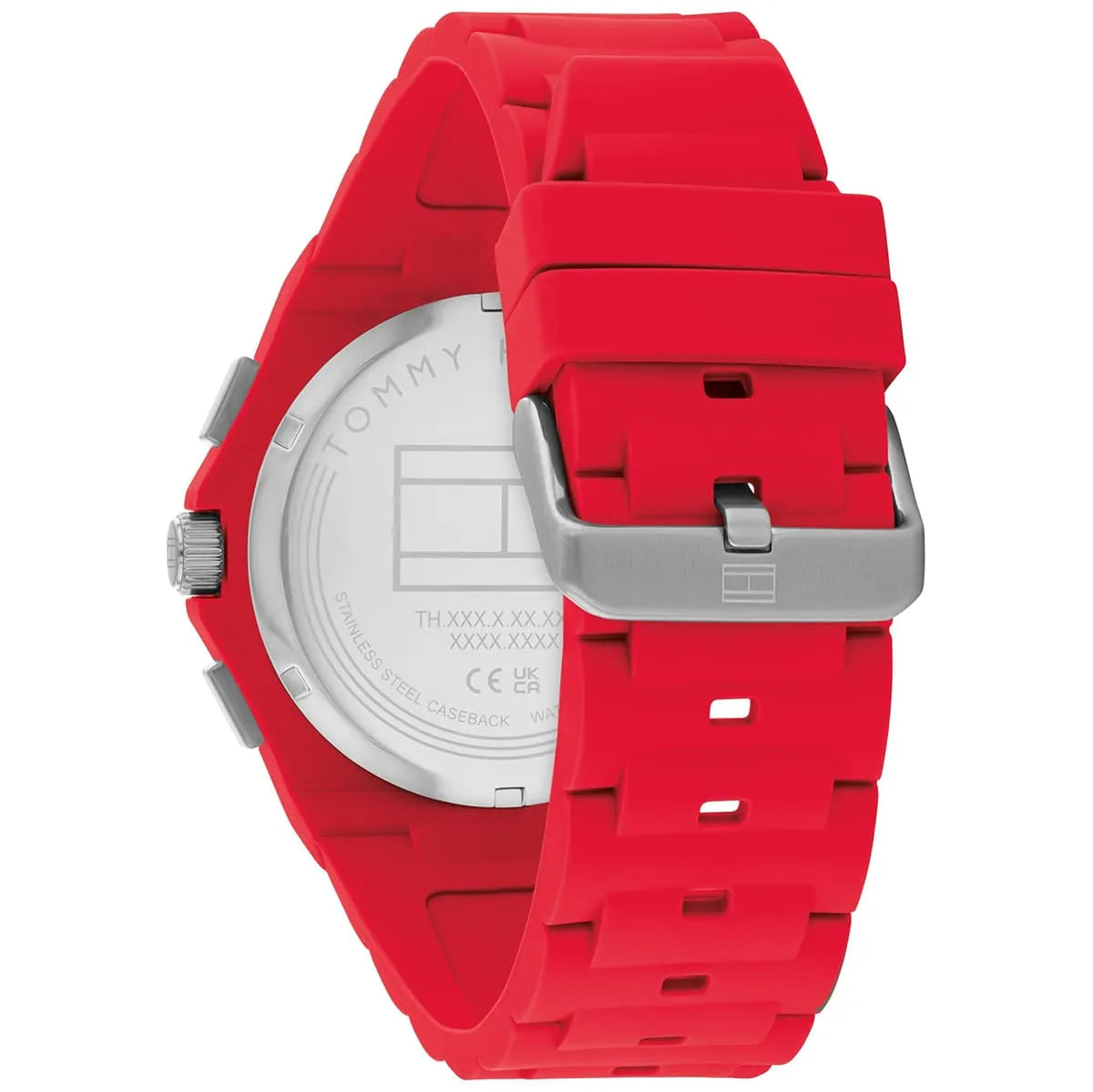 Tommy Hilfiger Neo watch caseback showing red rubber strap detail and specifications