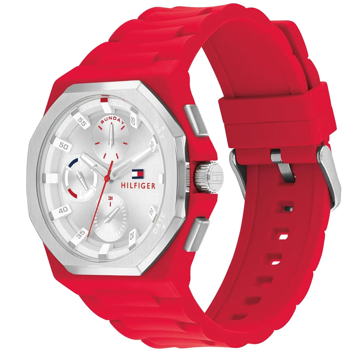 Tommy Hilfiger Neo watch worn on wrist showing silver dial and red rubber strap