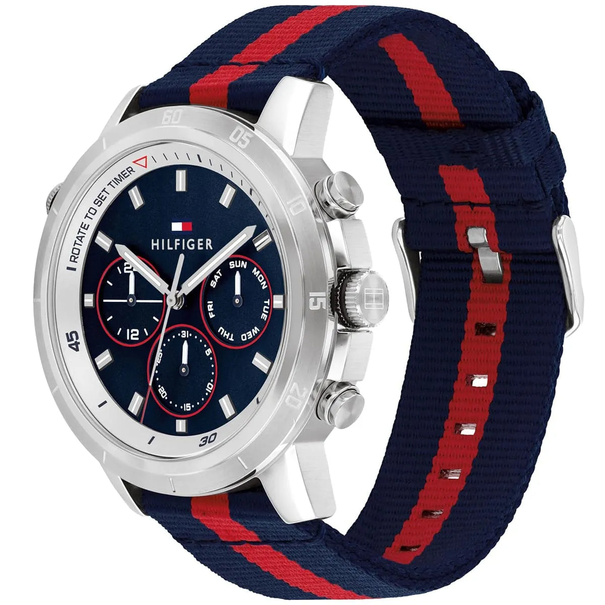 Side view of Tommy Hilfiger chronograph watch showing navy-red striped strap and silver case