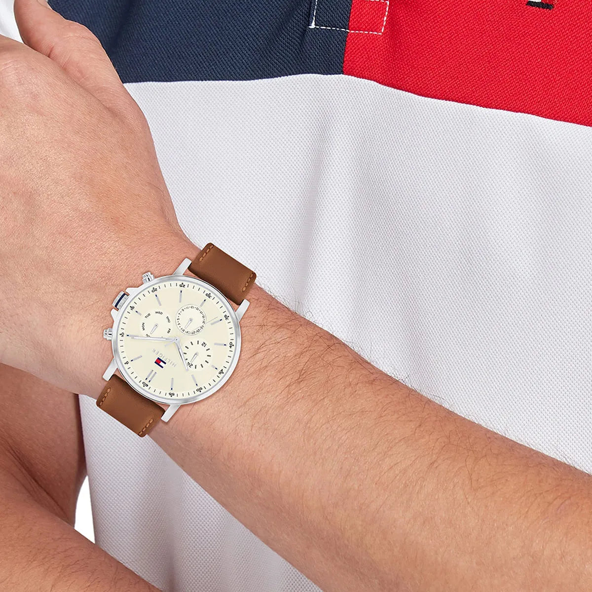 Tommy Hilfiger Brown Leather Parchment Dial Multi-function Men's Watch - 1792143