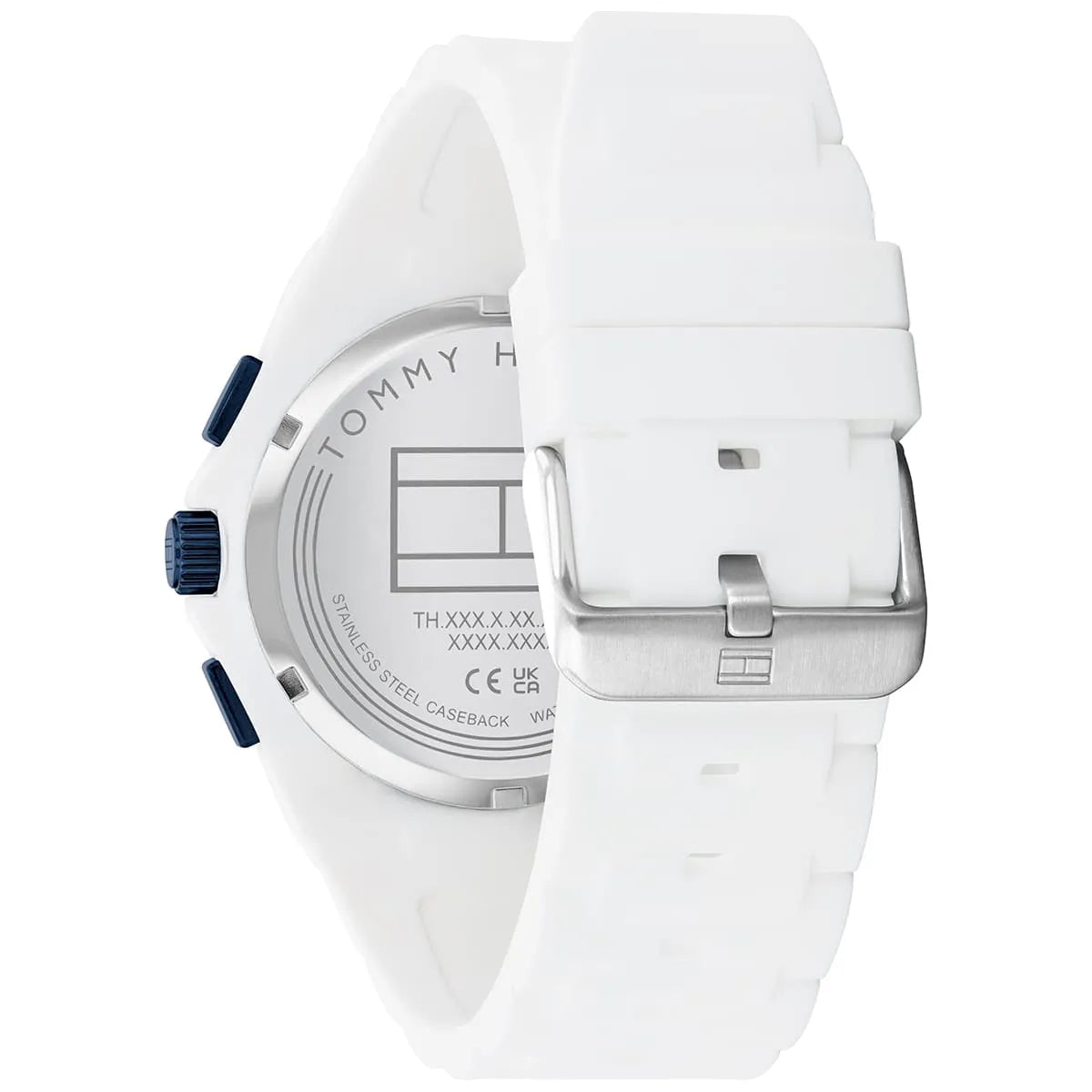 Tommy Hilfiger Neo watch caseback showing white rubber strap and buckle closure