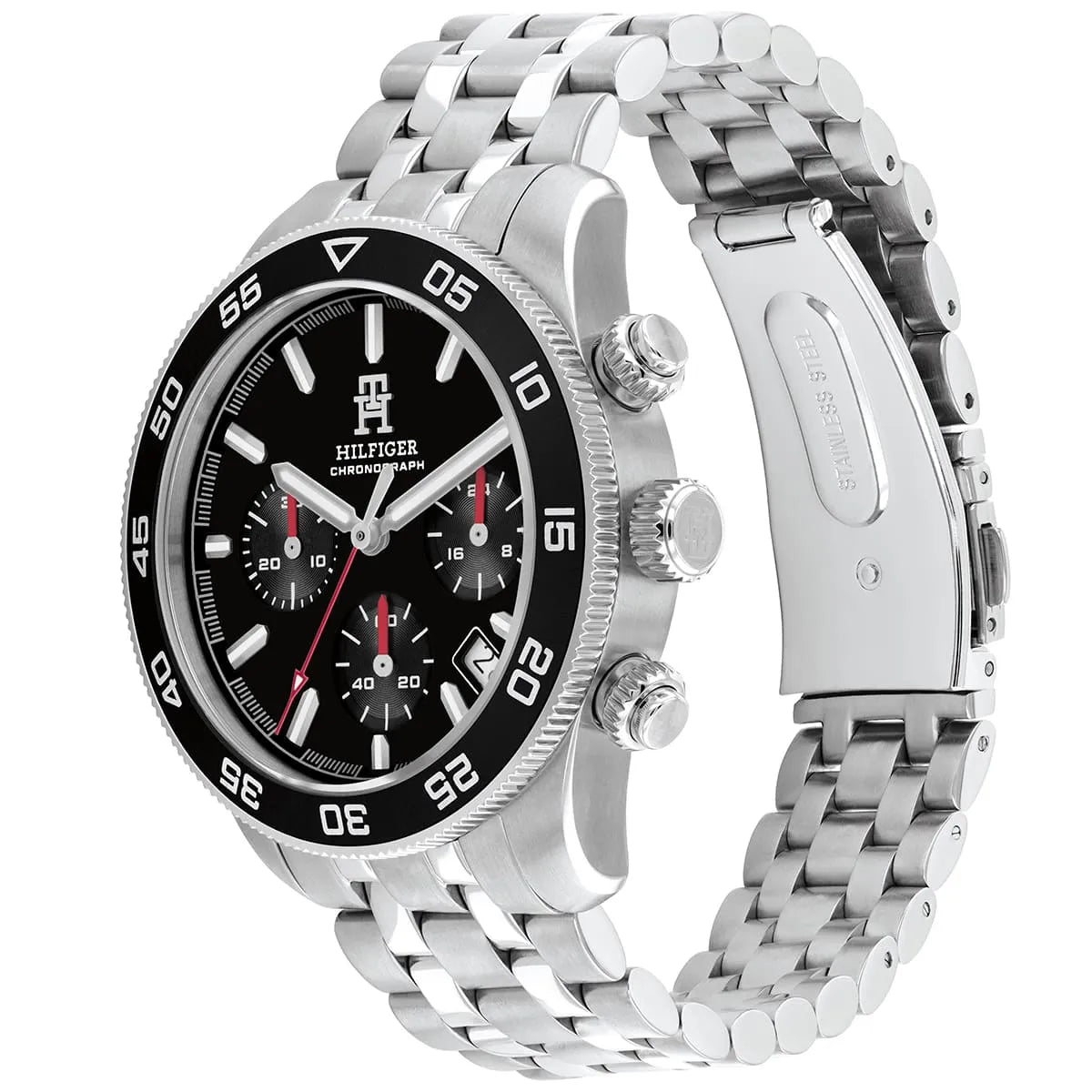 Tommy Hilfiger TH85 watch angled view showing stainless steel bracelet and chronograph subdials