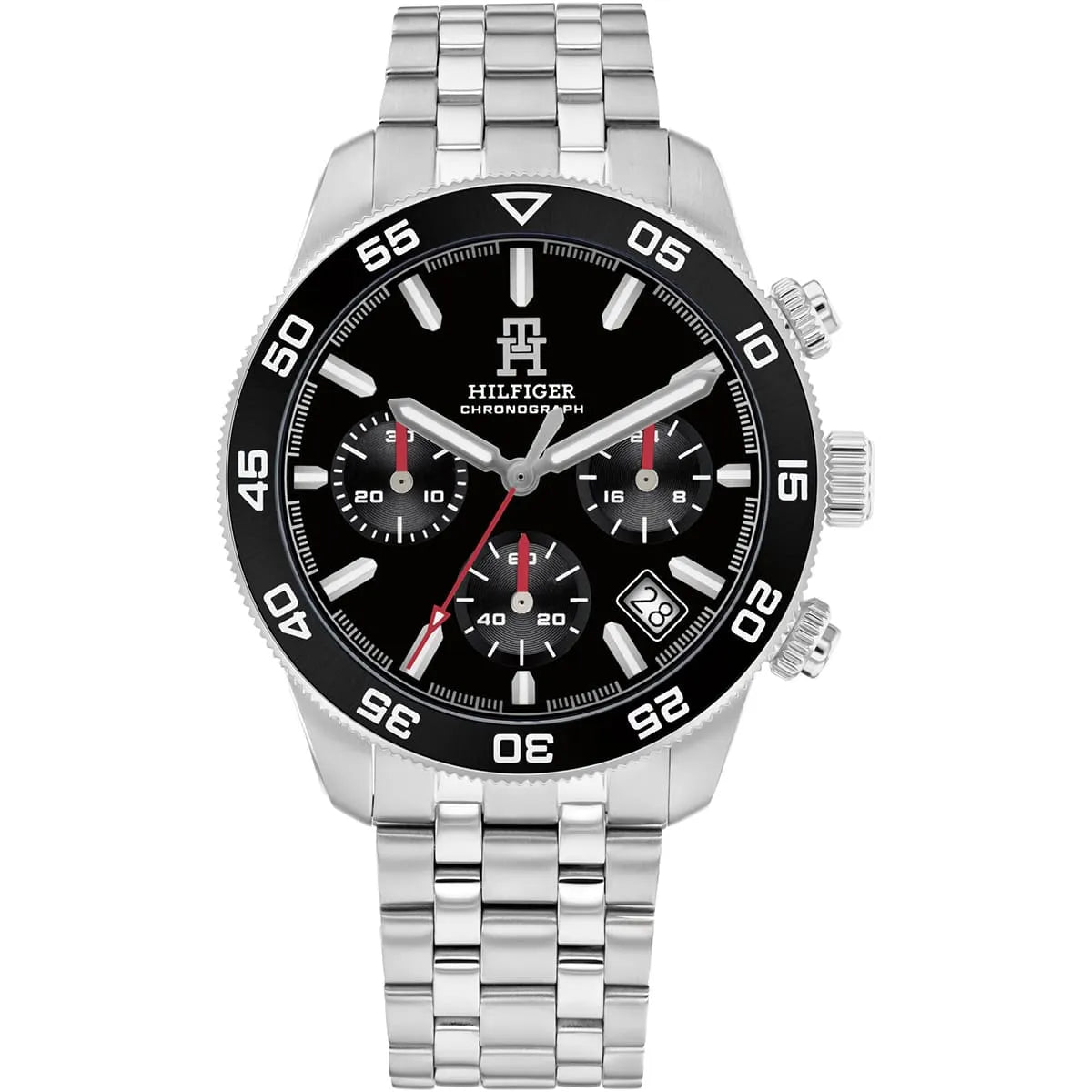 Tommy Hilfiger TH85 chronograph watch with black dial and stainless steel bracelet