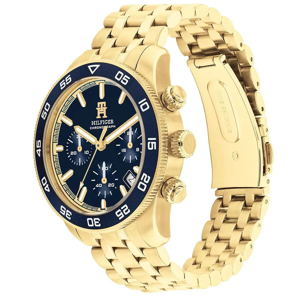 Side angle view of Tommy Hilfiger gold chronograph watch with gold bracelet and blue bezel