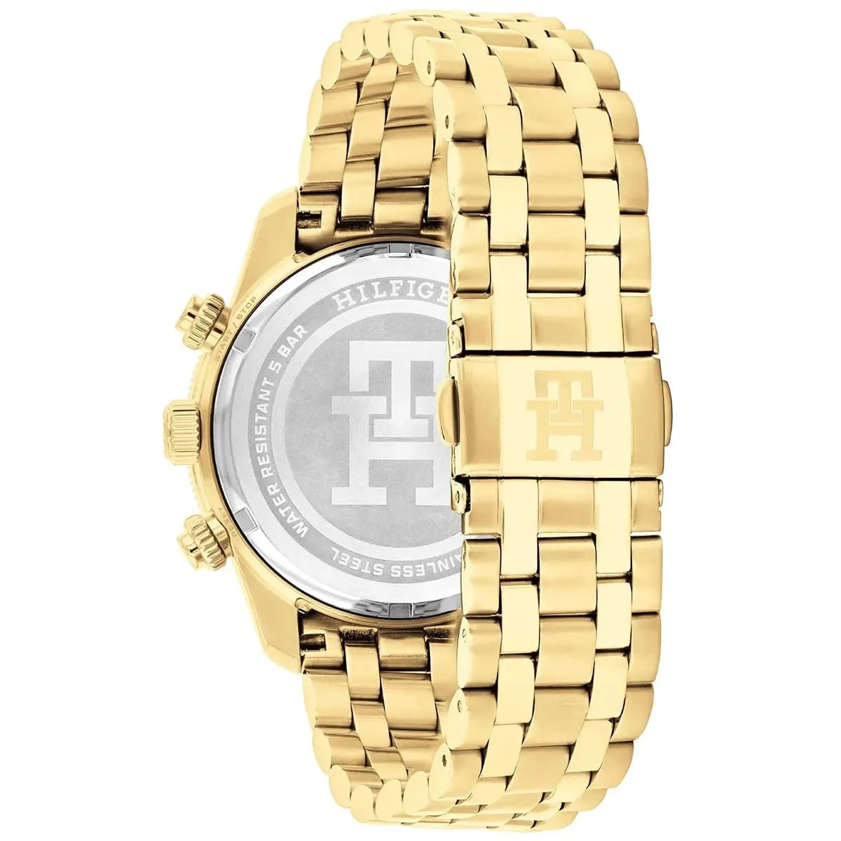 Caseback of Tommy Hilfiger gold chronograph watch showing engraved branding and logo