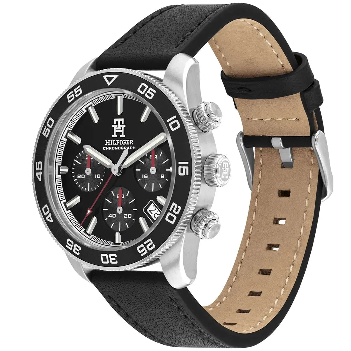 Tommy Hilfiger TH85 watch at three-quarter angle showing black leather strap and tan suede interior