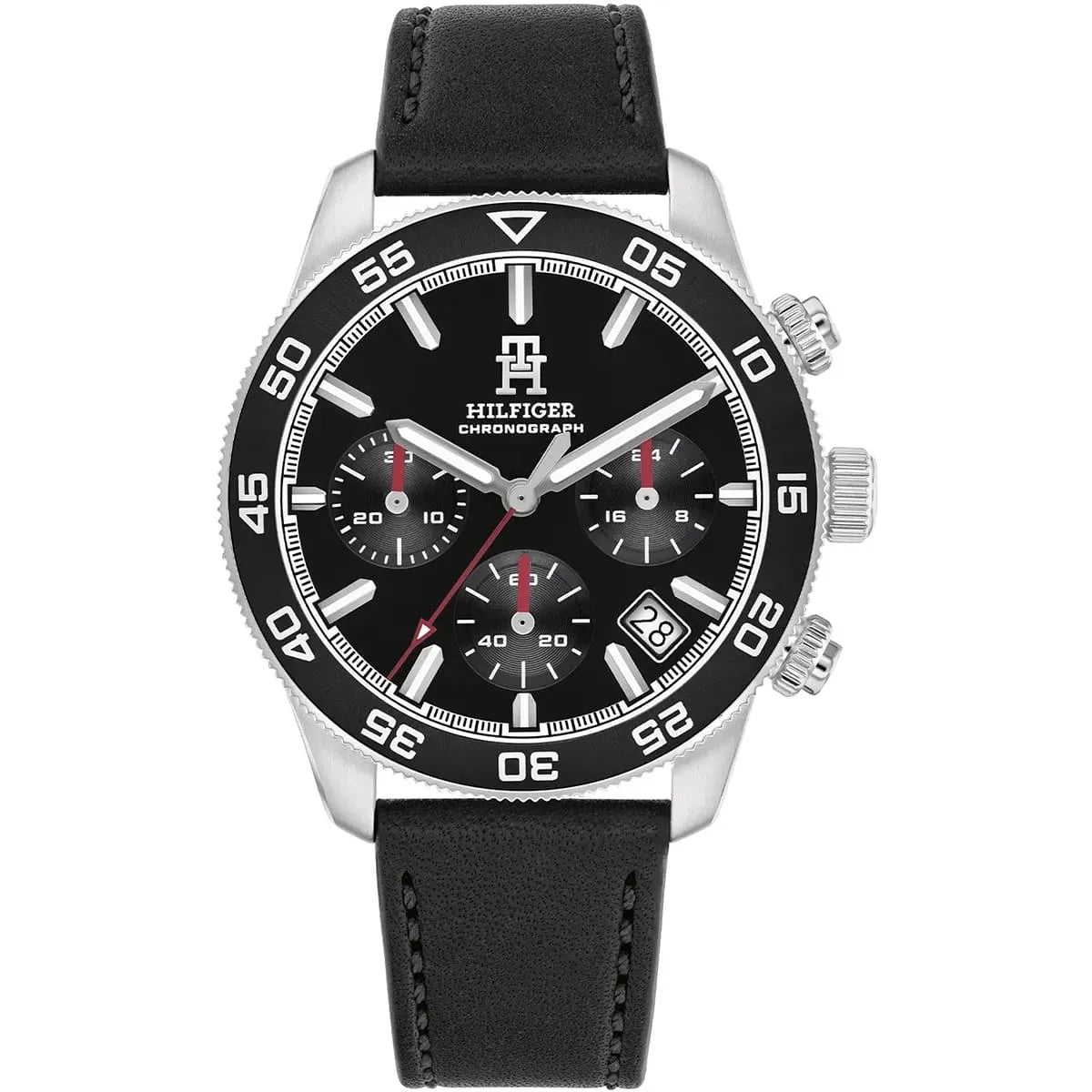 Tommy Hilfiger TH85 chronograph watch with silver case, black dial, black bezel, and leather strap