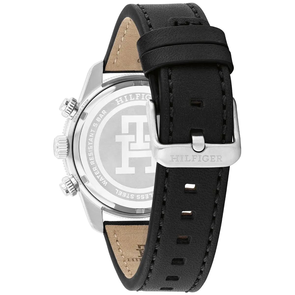 Tommy Hilfiger TH85 black leather strap with silver buckle and tan suede lining detail