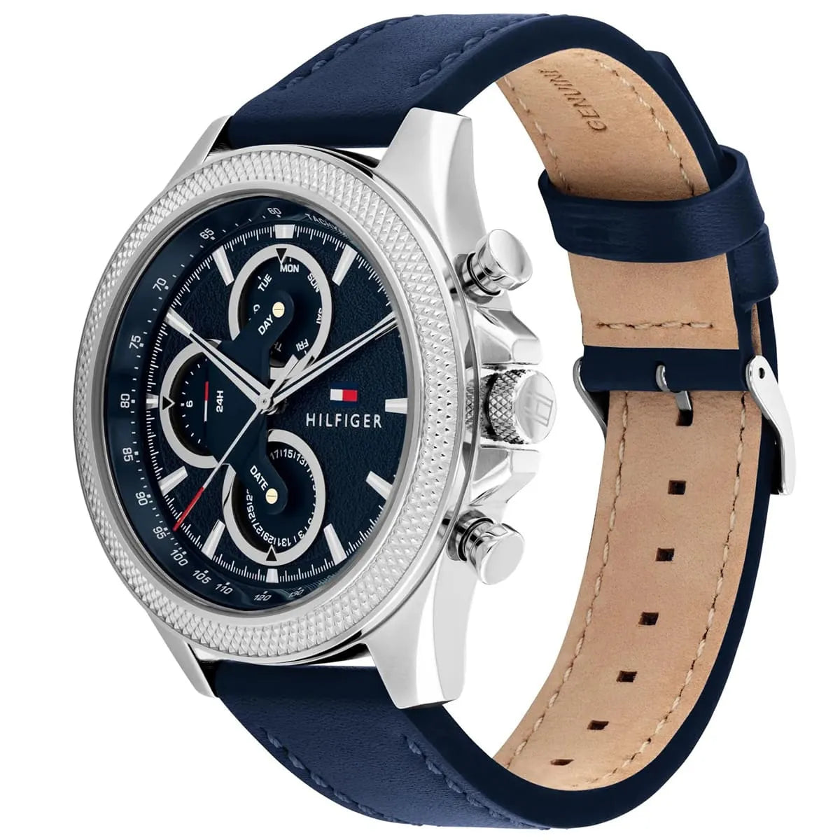 Side angle view of Tommy Hilfiger Clark watch showing stainless steel case and leather strap