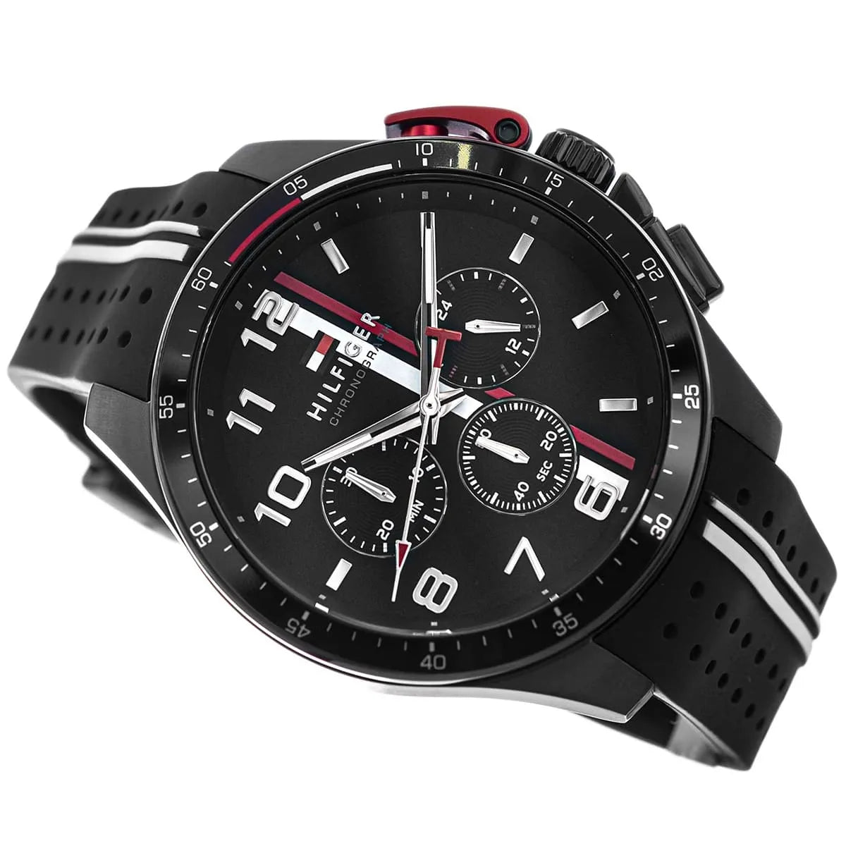 Tommy Hilfiger chronograph watch side profile showing red pusher detail and silicone strap