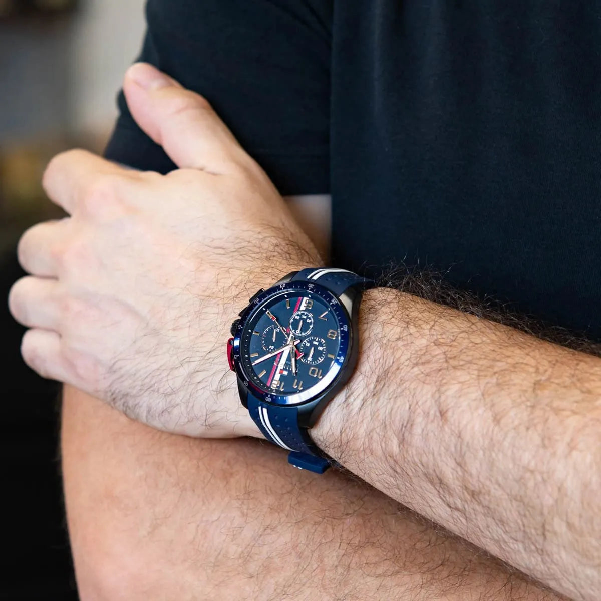 Tommy Hilfiger Bank chronograph watch on man's wrist