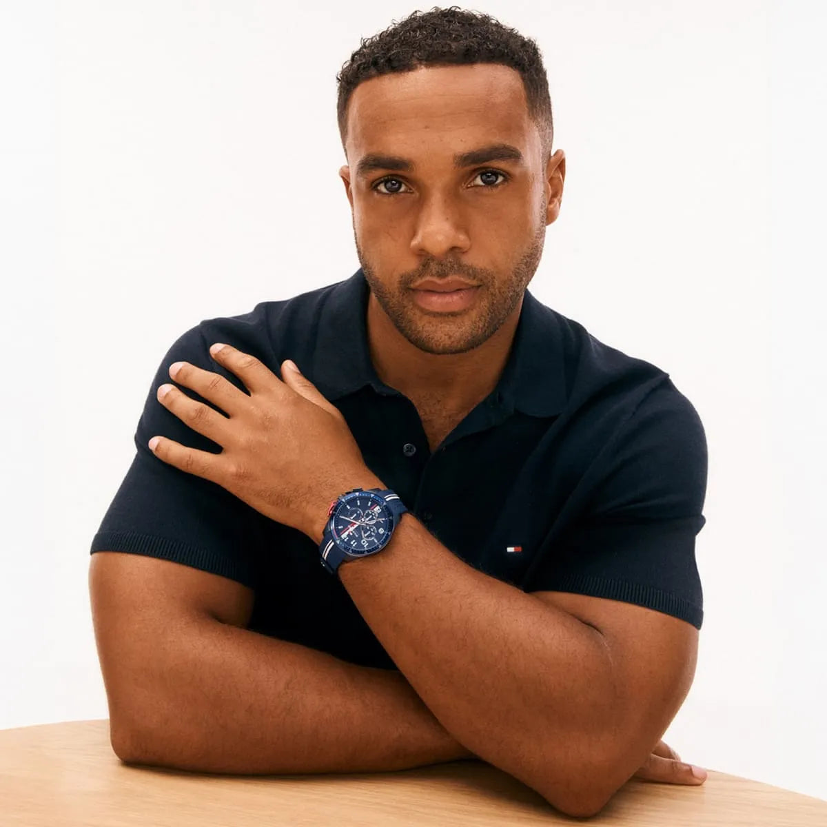 Man wearing Tommy Hilfiger Bank chronograph watch on wrist