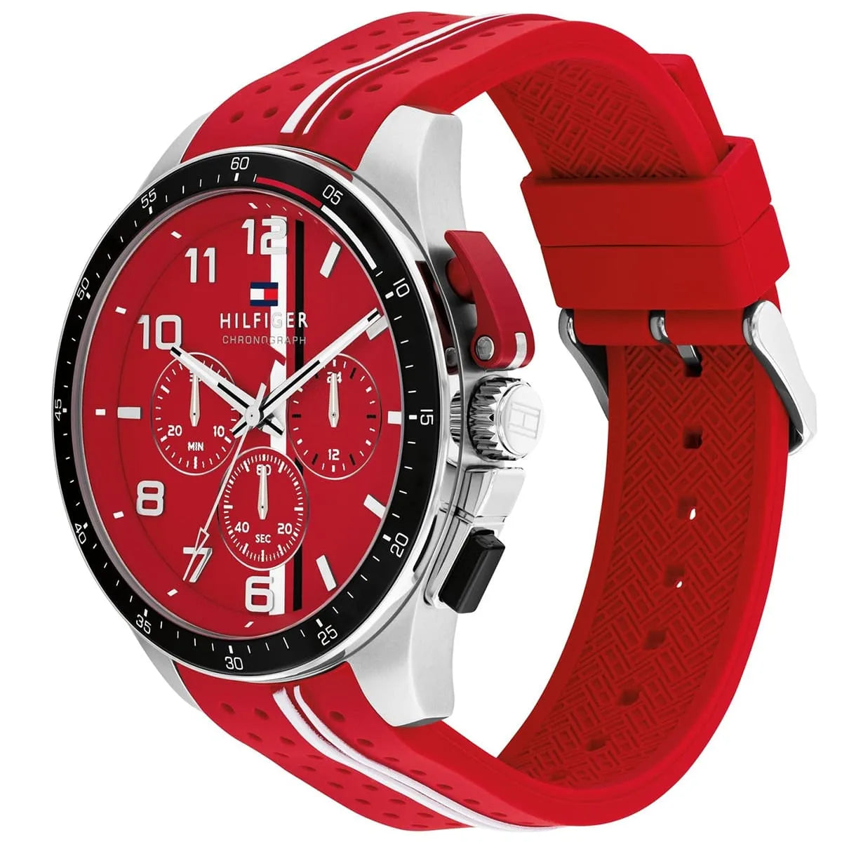 Red silicone strap Tommy Hilfiger chronograph watch shown at angle with strap visible
