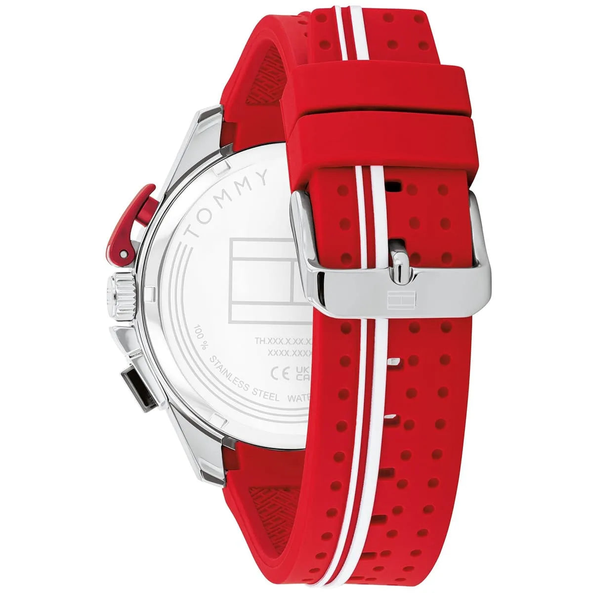 Side view of Tommy Hilfiger chronograph showing steel case and red silicone strap