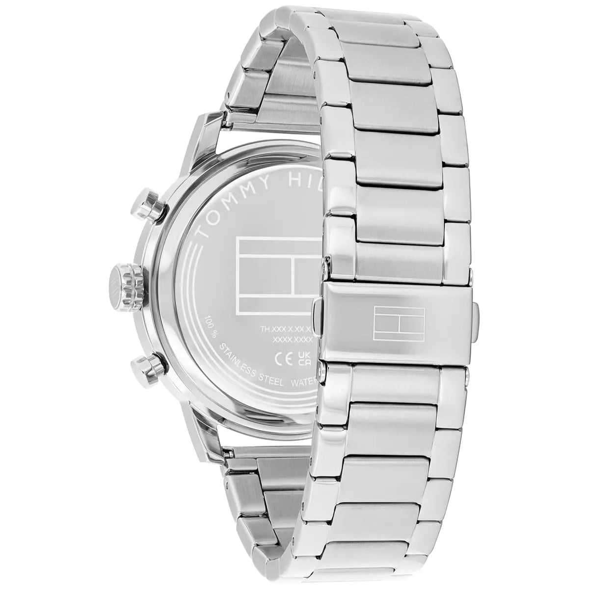 Caseback view of Tommy Hilfiger watch showing stainless steel bracelet
