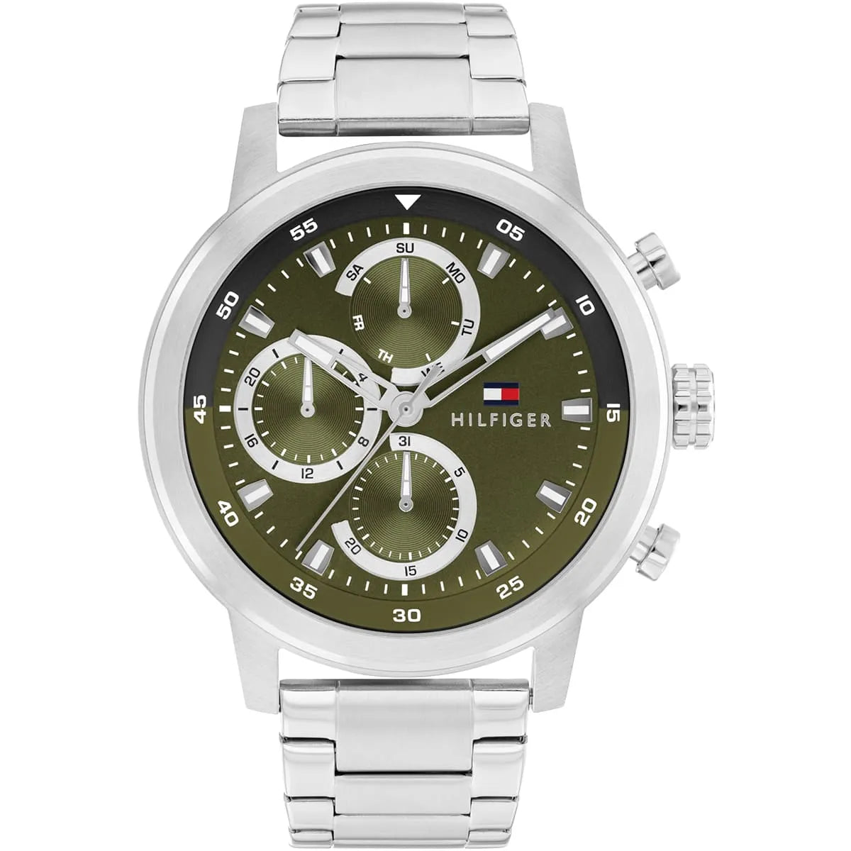 Tommy Hilfiger men's chronograph watch with green dial and stainless steel bracelet