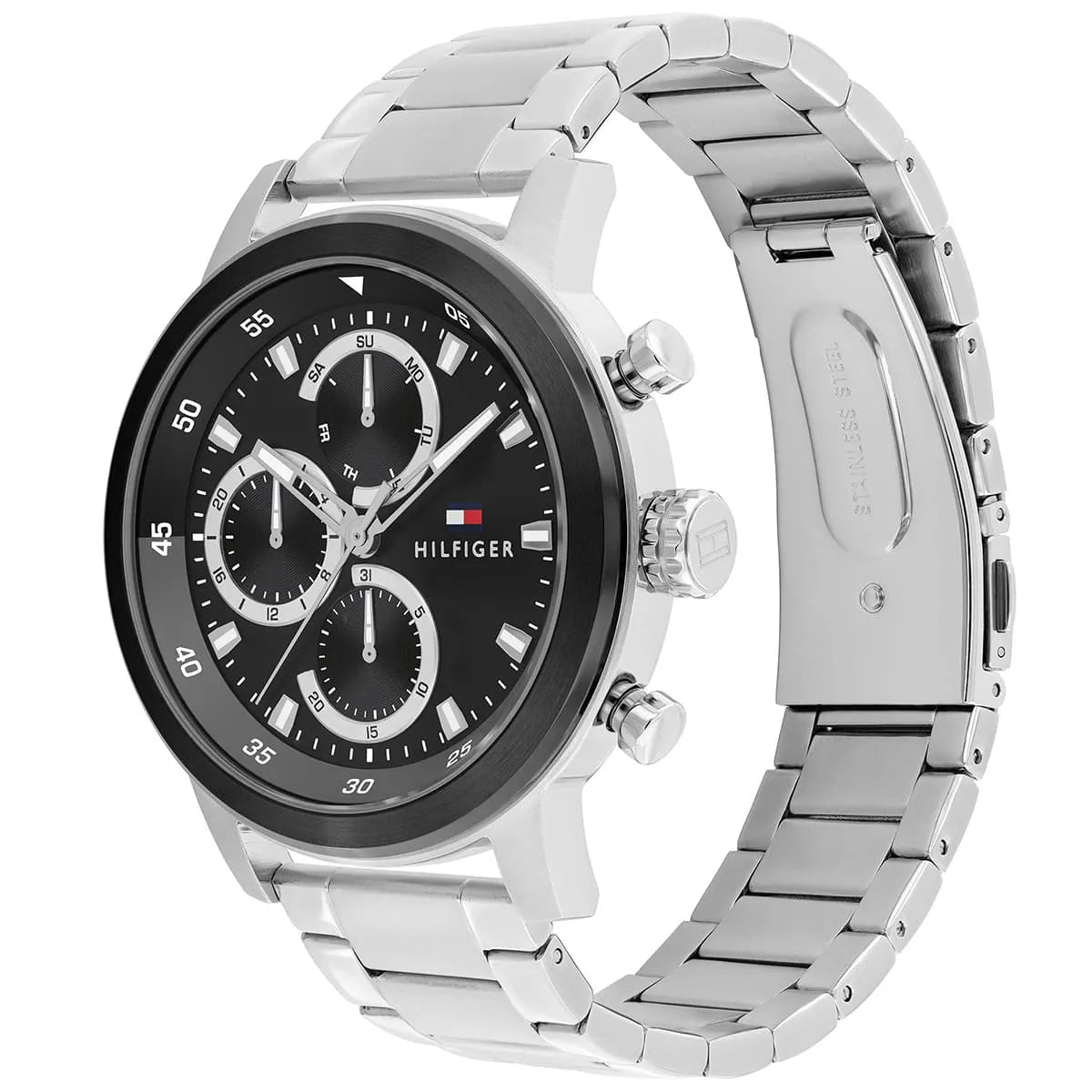 Tommy Hilfiger Rocky watch angle view showing black dial with three subdials and silver metal bracelet