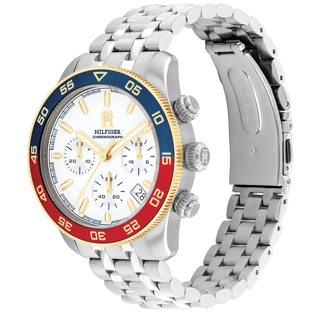Front and side angle view of Tommy Hilfiger chronograph with steel bracelet and bezel
