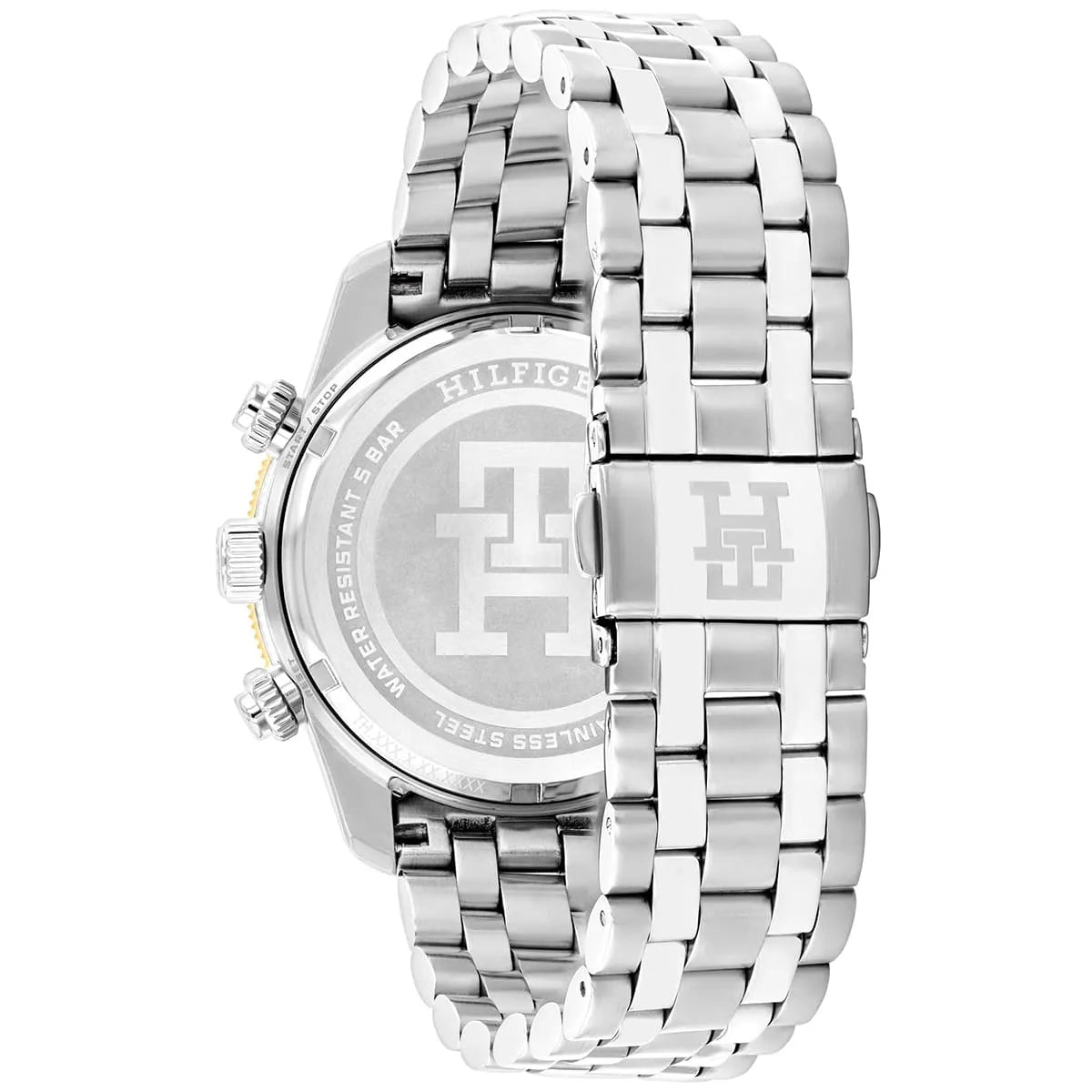 Case back view showing Tommy Hilfiger branding and stainless steel bracelet detail