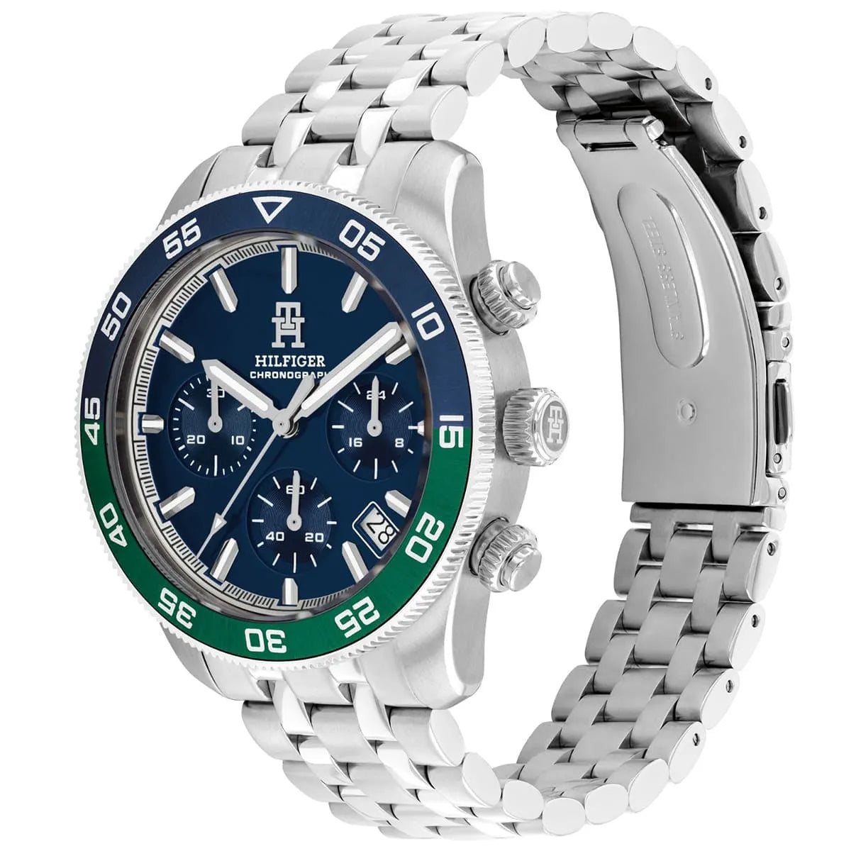 Tommy Hilfiger chronograph watch shown at angle with full stainless steel bracelet and case visible