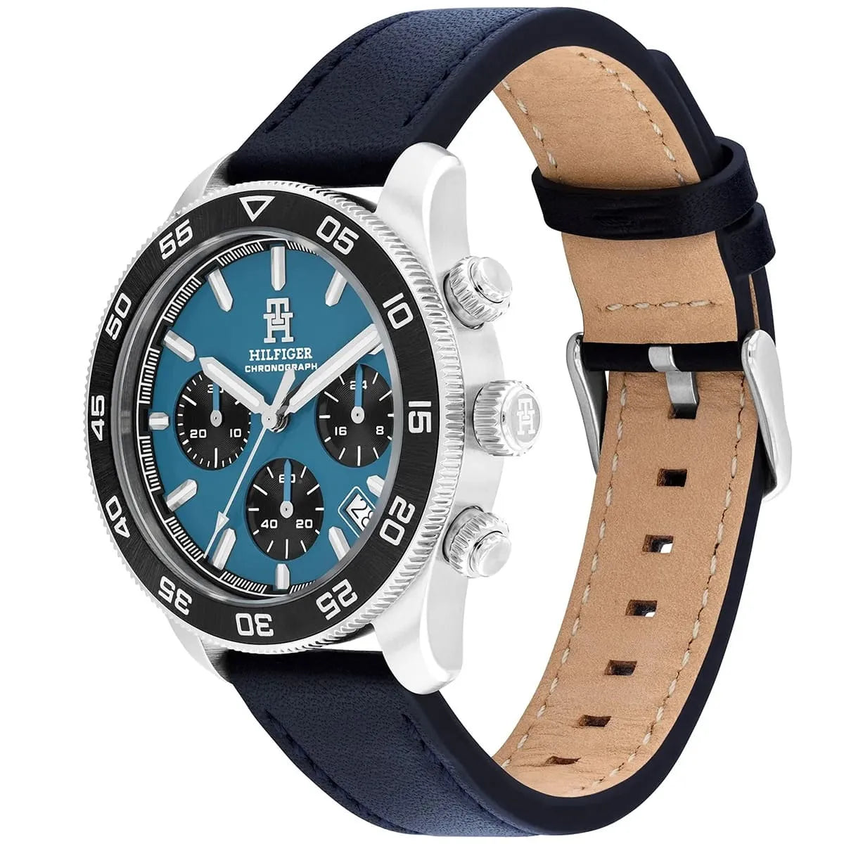 Tommy Hilfiger chronograph watch angled view showing blue dial and navy leather strap with tan interior