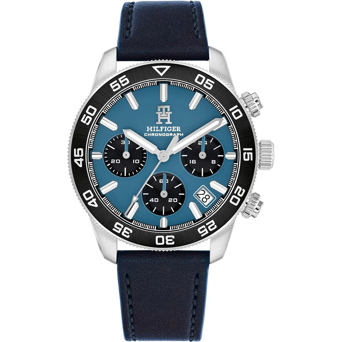 Tommy Hilfiger blue chronograph dial with black leather navy strap and silver case