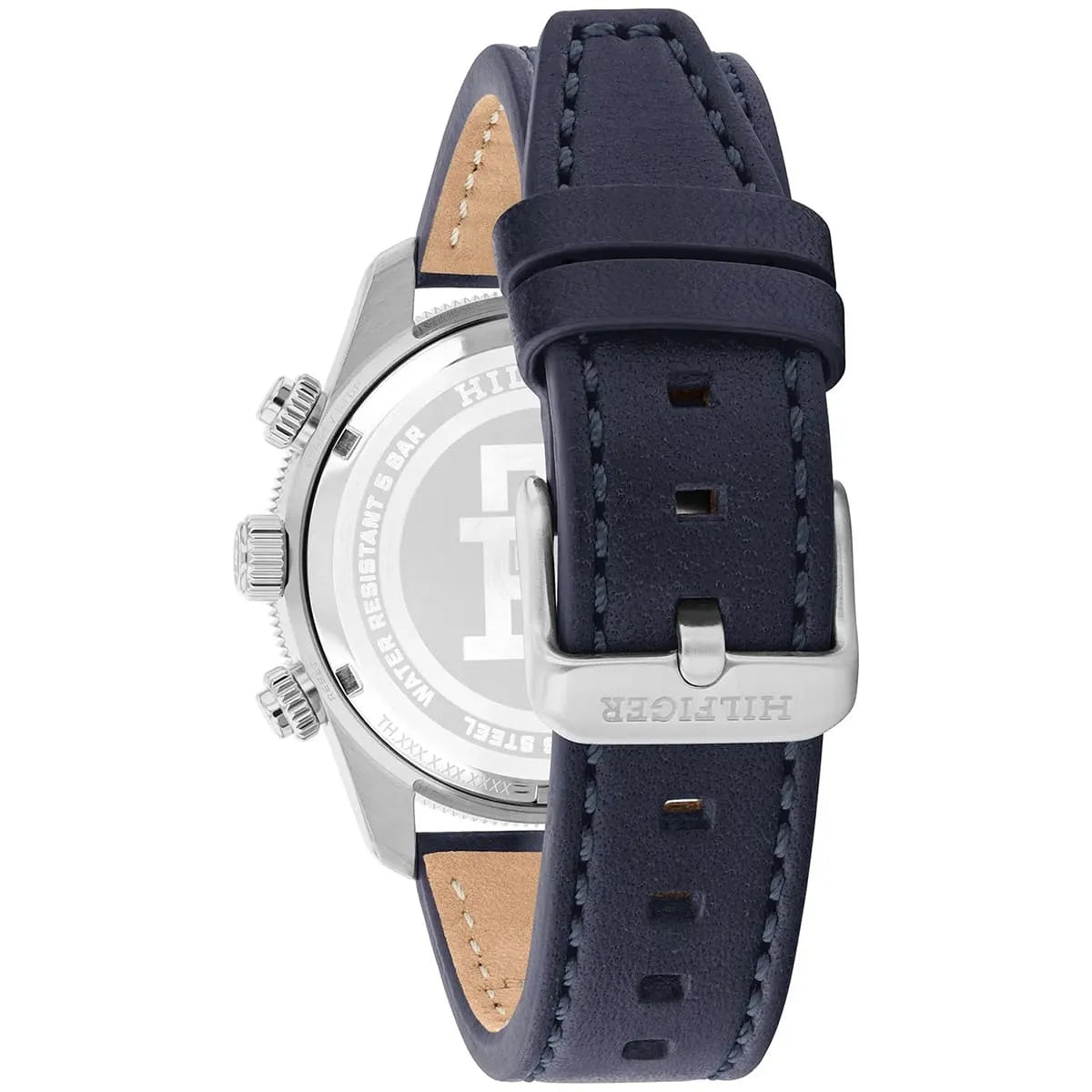 Side view of Tommy Hilfiger chronograph watch with navy leather strap and tan interior lining