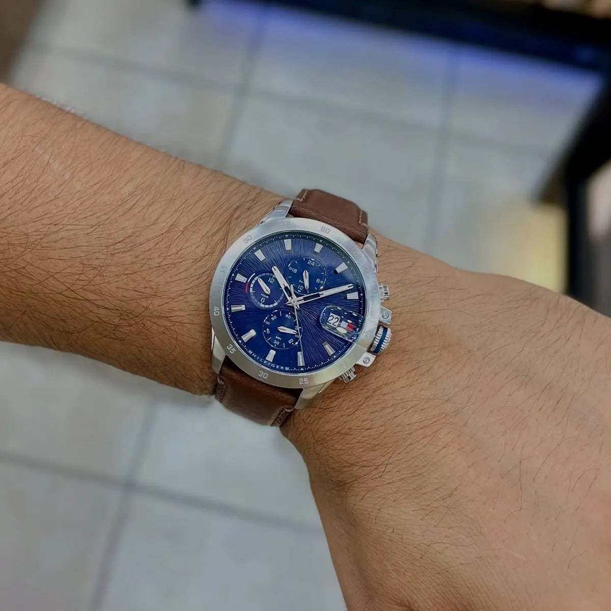 Tommy Hilfiger Jameson Multifunction (43mm) Blue Dial / Brown Leather Strap Men's Watch - 1792195