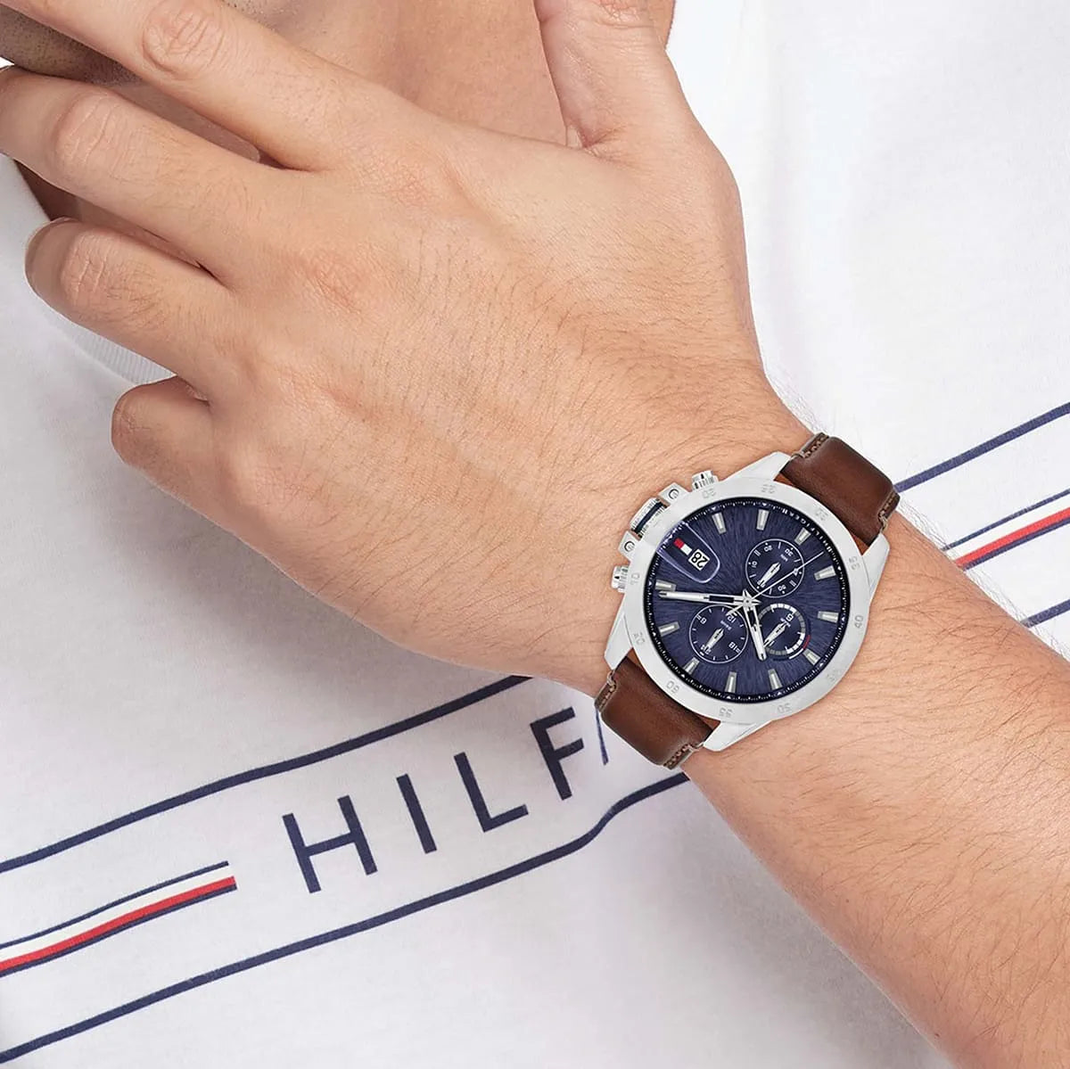 Tommy Hilfiger Jameson Multifunction (43mm) Blue Dial / Brown Leather Strap Men's Watch - 1792195