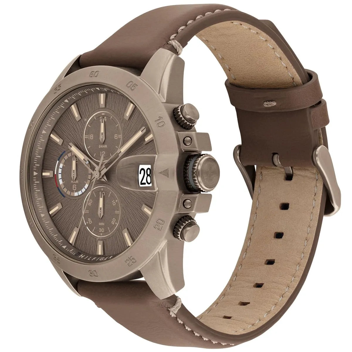 Side angle view of Tommy Hilfiger Jameson watch with brown leather strap and buckle