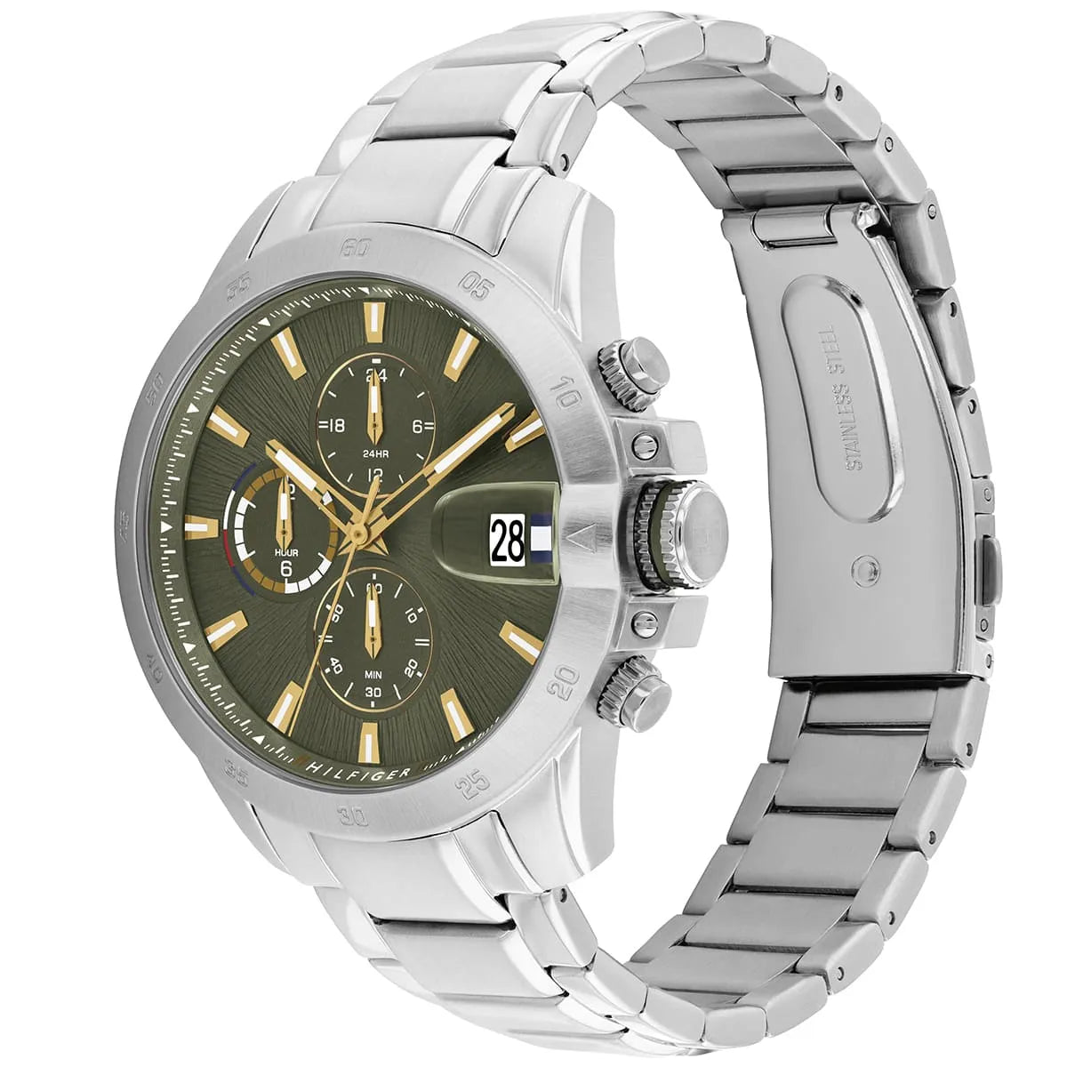 Side angle view of Tommy Hilfiger Jameson chronograph with stainless steel bracelet and green dial